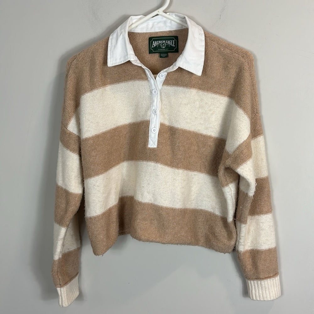 American Eagle soft preppy striped collared academia sweater women size XS
